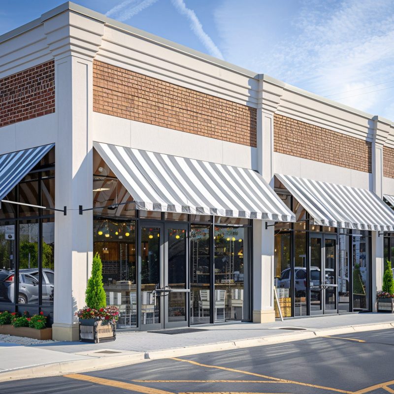 Prime retail and office space for sale or rent in a versatile storefront and office complex with a canopy.